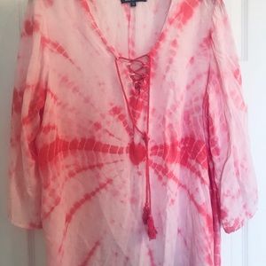 Unique Spectrum Blouse Tie Dye Lace Up Boho 2X
